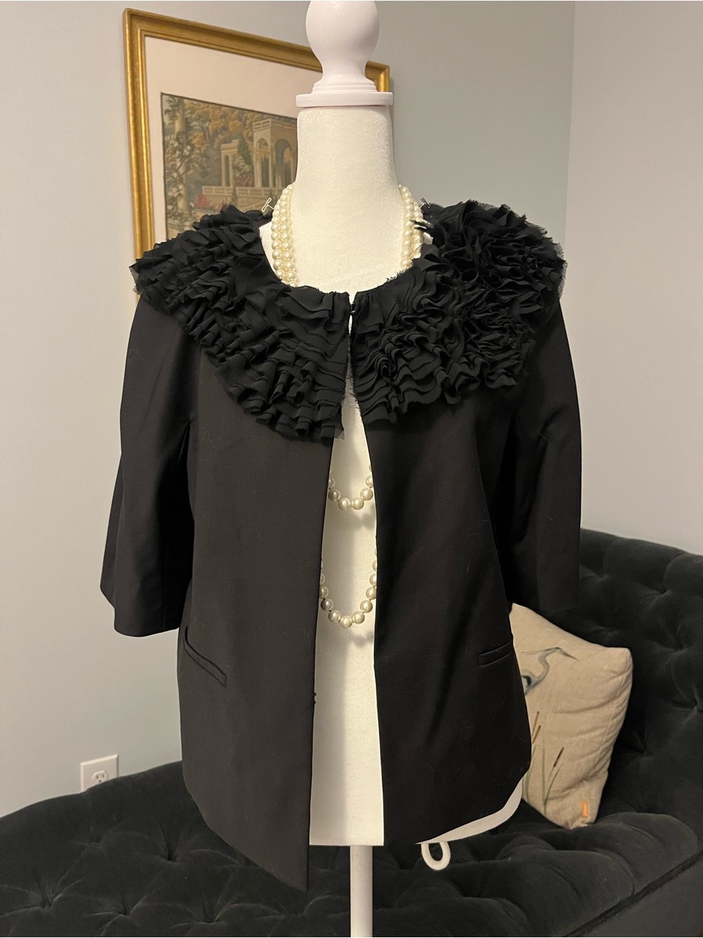 Women's Black Dressy Ruffle-Collar Jacket